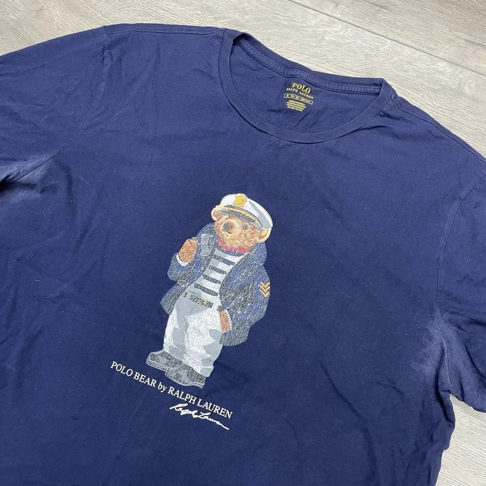 Polo Ralph Lauren Captain Navy Bear T Shirt Men Sz XL FAIR READ